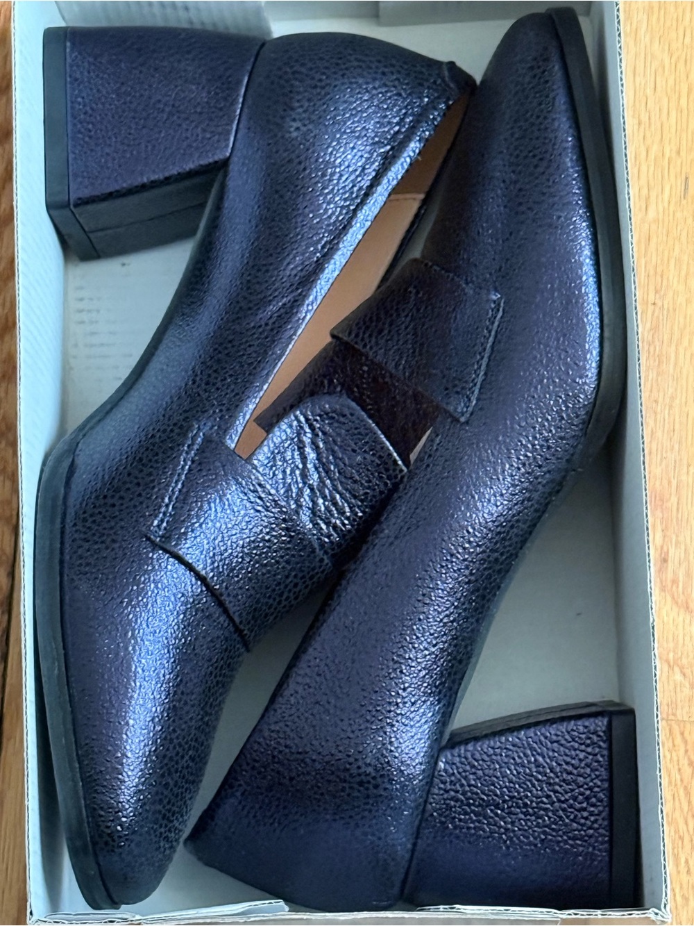 Classic Women's NAVY BLUE Leather Block Heel Loafers